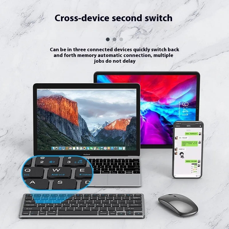 Ultra-thin black wireless keyboard and mouse combo with receiver and cover on a desk.