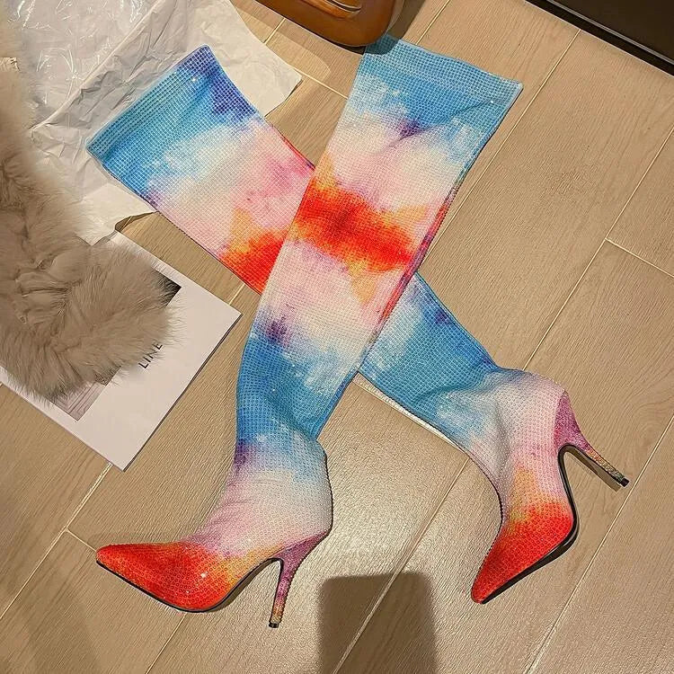 Women's iridescent over-the-knee boots with skinny heel, elastic fit, rubber sole, and two-layer pig skin lining in solid colour