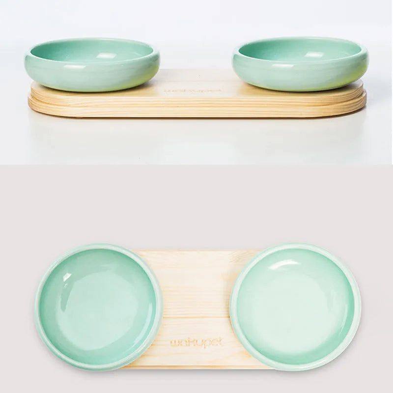 Solid wood cat dining table with pine frame and ceramic bowl, 350ml capacity, raised feeding station