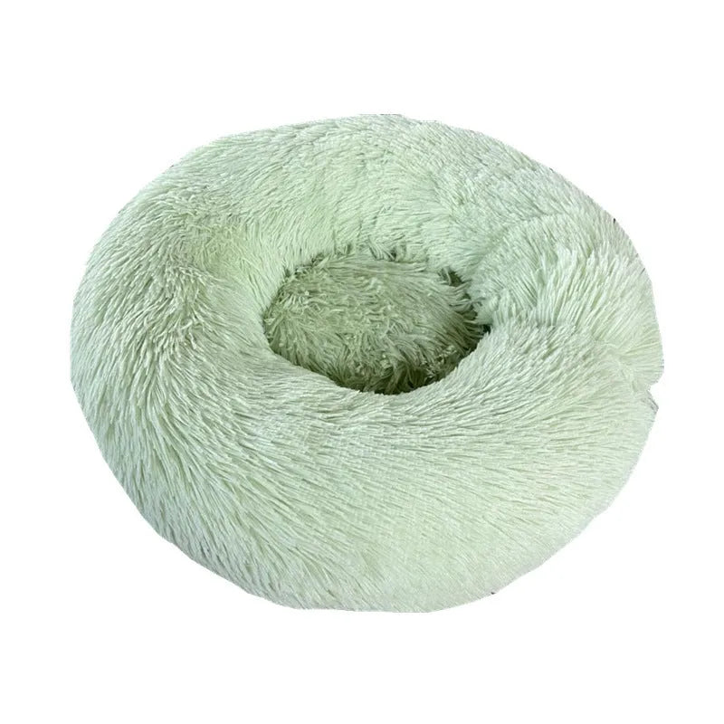 Soft thick plush round pet bed in donut shape with raised rim, available in khaki and other colours, sizes 40cm to 120cm