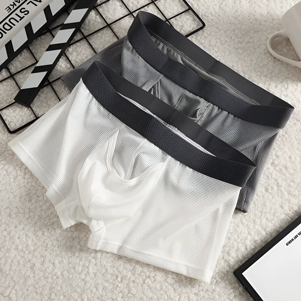 Men's ice silk nylon boxer underwear in black colour showing low-waist design and mesh breathable panels