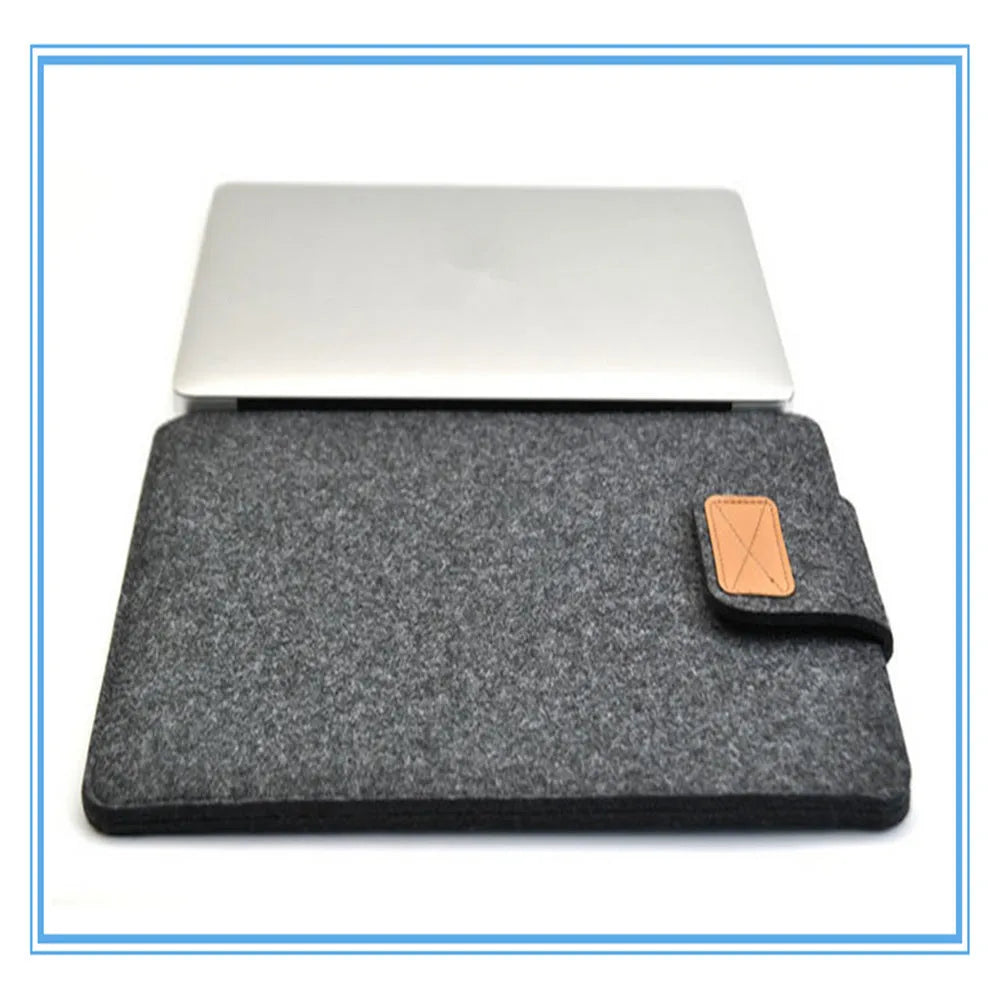 Khaki felt laptop bag showing clamshell design with interior device protection