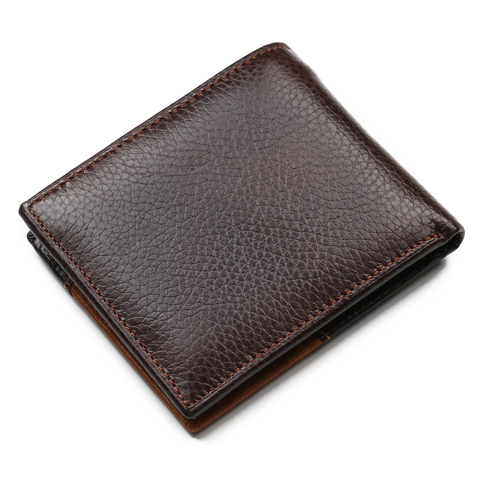 Soft leather men's wallet with personality stitching, shown open to reveal card slots, bill holder, and a zippered coin compartment.