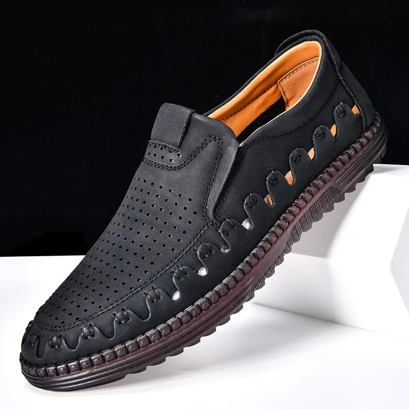 Men's brown artificial PU slip-on casual shoes with leather lining and flat sole.