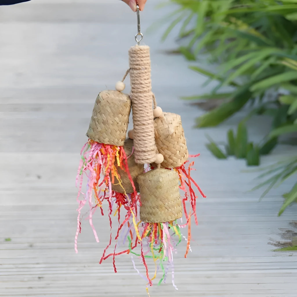 Colourful wood and sisal rope parrot foraging toy measuring 15cm by 35cm