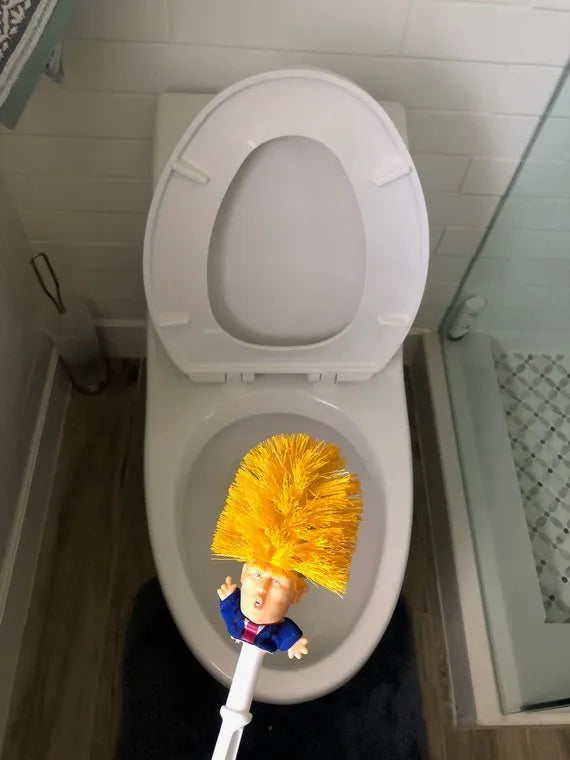 Yellow plastic Donald Trump toilet brush with 40cm length and hanging slot