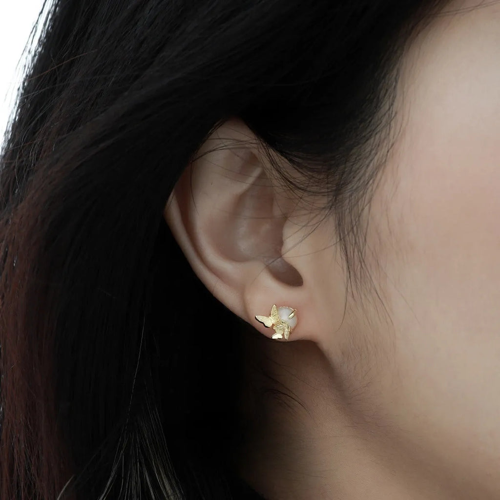 Butterfly motif sterling silver ear studs with electroplated gold or white gold colour finishes