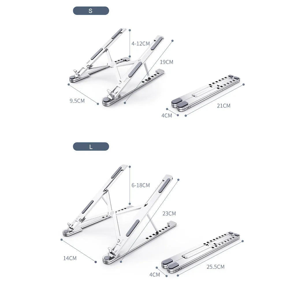 Foldable aluminium laptop stand in silver, shown open for use and folded for storage.