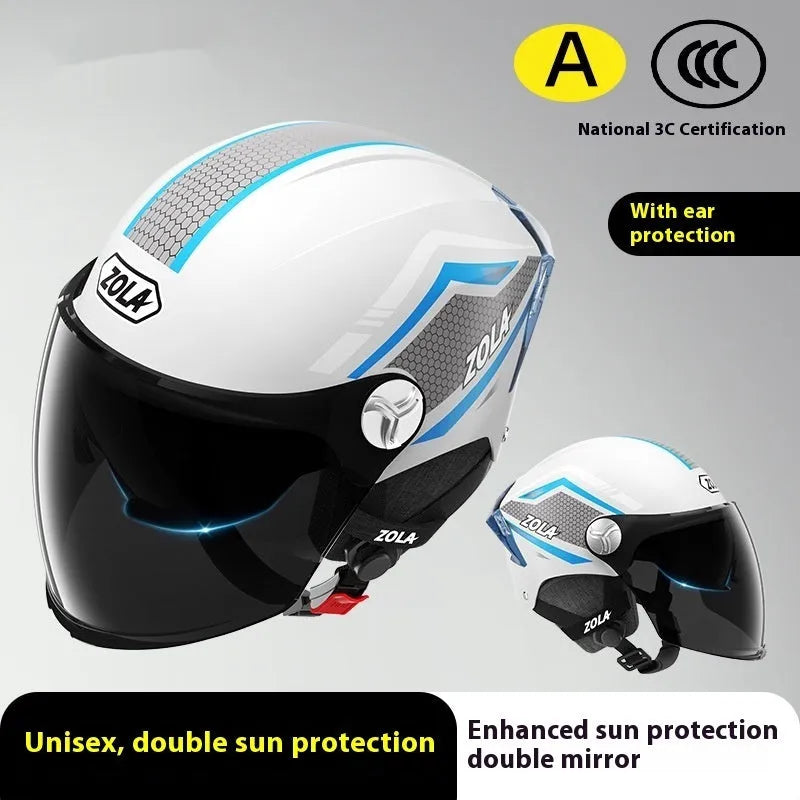 A light brown 3C certified motorcycle half helmet with a double mirror visor on a stand.