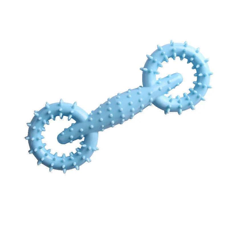 Blue TPR dog chew toy ring with chew board texture, shown beside measurement scale indicating 16cm diameter