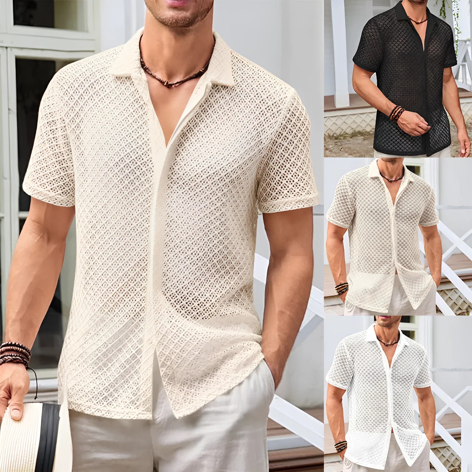 Men's short sleeve lapel shirt in cotton blend polyester fabric, available in milky white, white or black