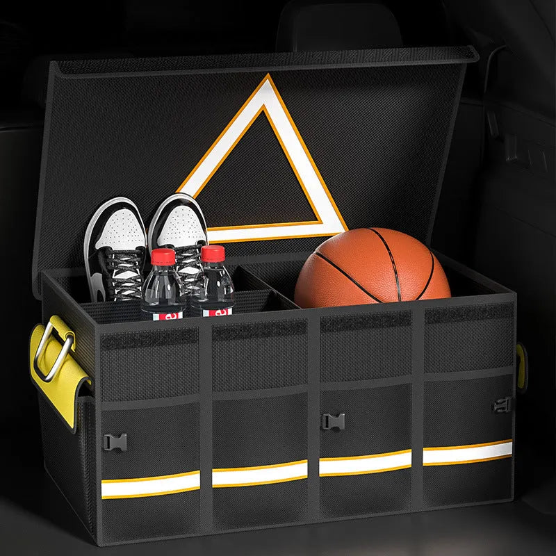 Foldable car boot storage organiser bag in black and yellow with handle