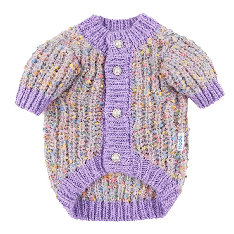 Purple dog sweater cardigan on small dog showing soft polyester fabric and front closure