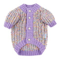 Purple dog sweater cardigan on small dog showing soft polyester fabric and front closure