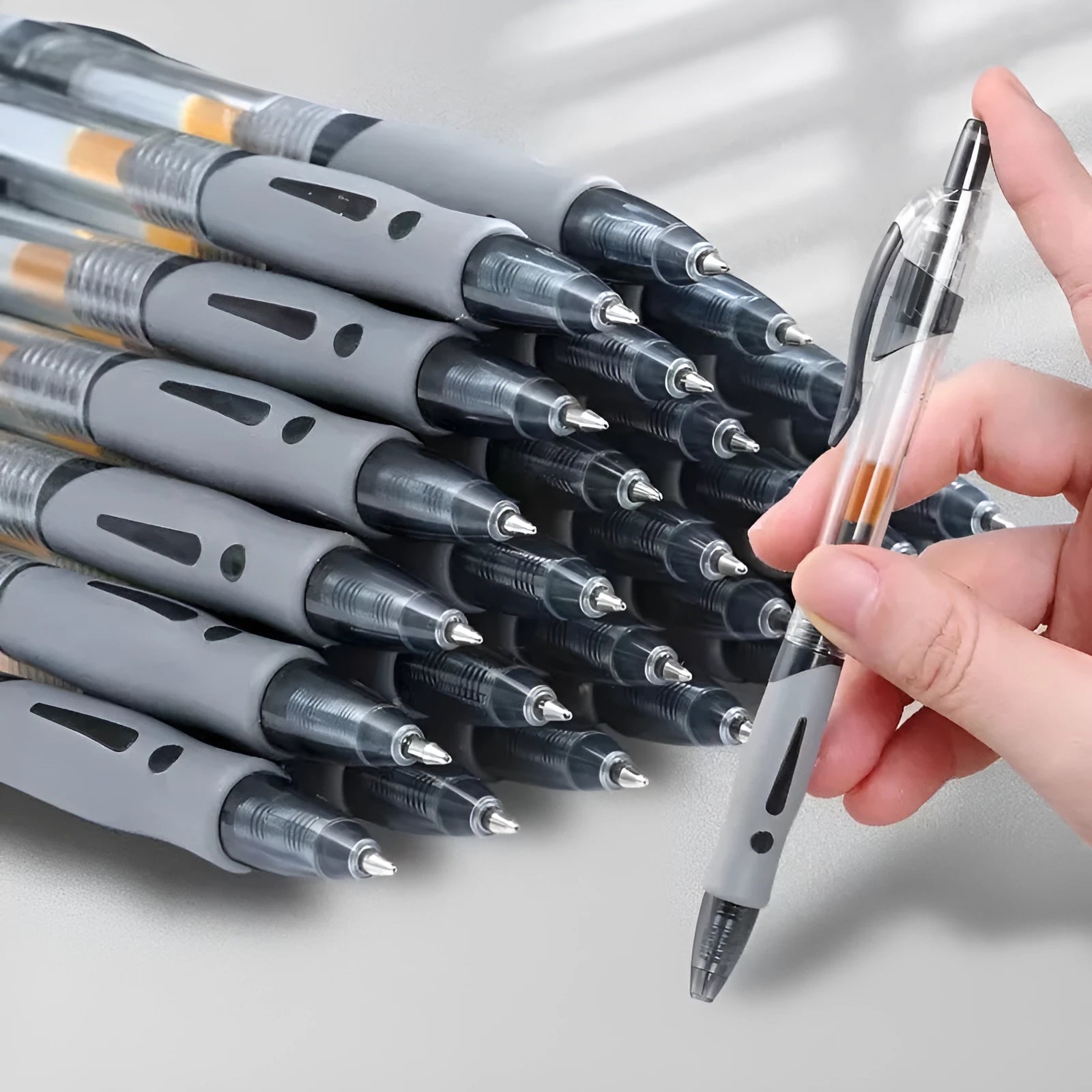 A black, blue, or red gel pen with a 0.5mm fine point tip and plastic body.