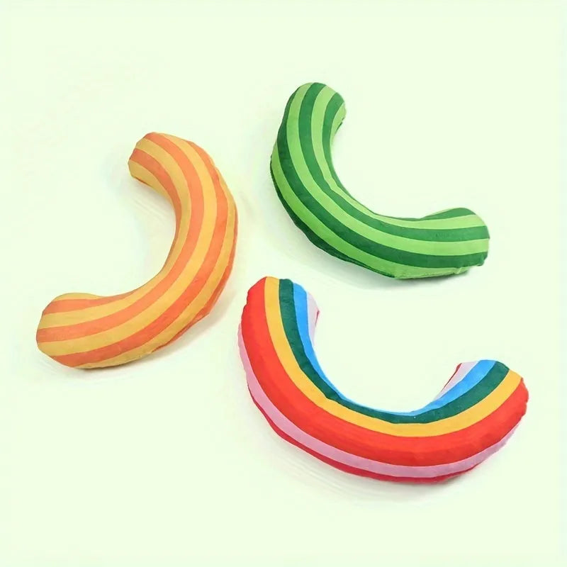 Striped pattern cat toy with squeaker and catnip strip measuring 23 by 20 centimetres