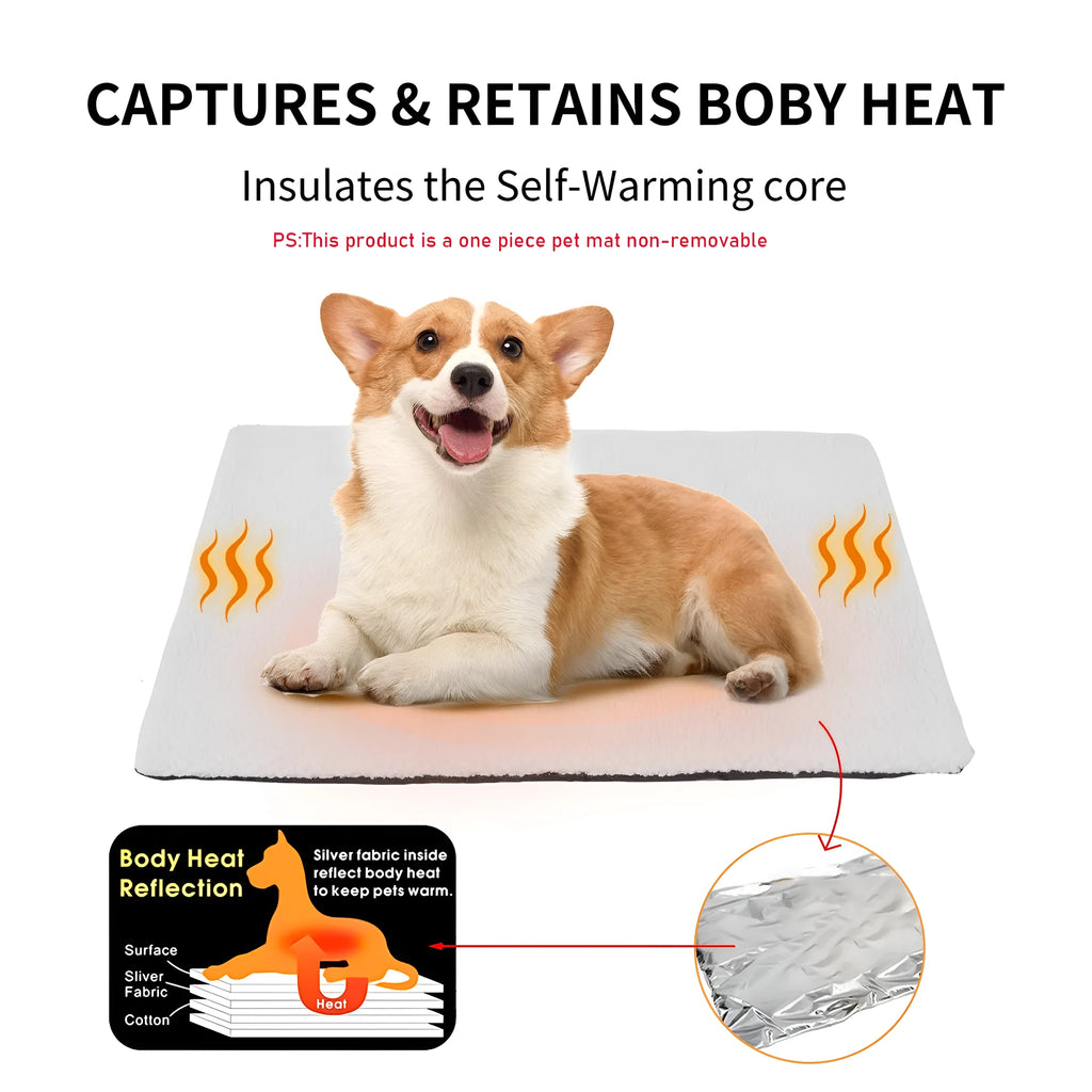 Grey self-heating plush pet pad for cats and dogs on a wooden floor