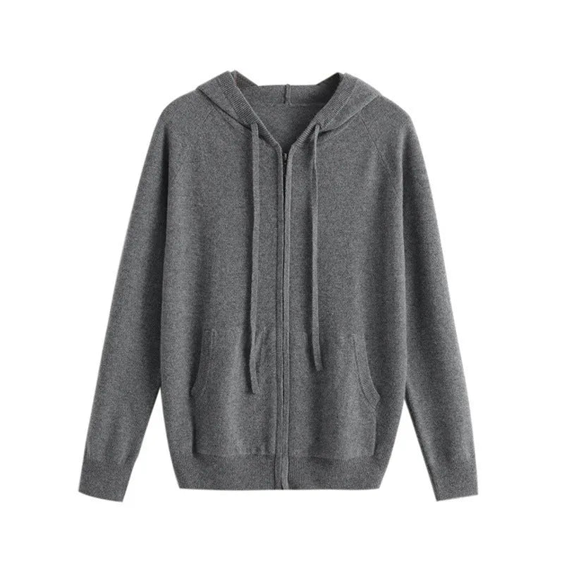 Men's hooded knitted cashmere cardigan with zipper front in solid colours for business casual wear