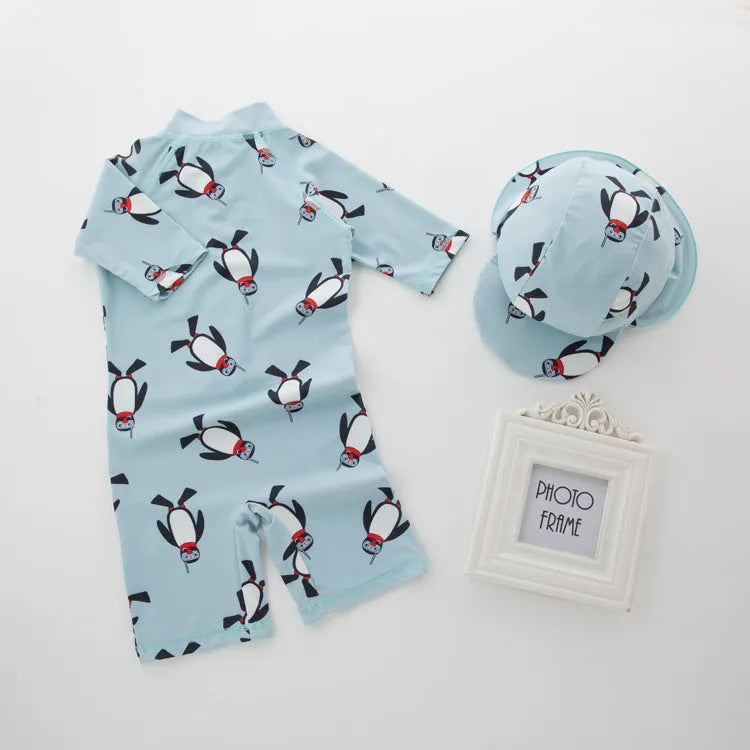 Boys' penguin print long sleeve swimsuit set with matching swimming cap for sun protection