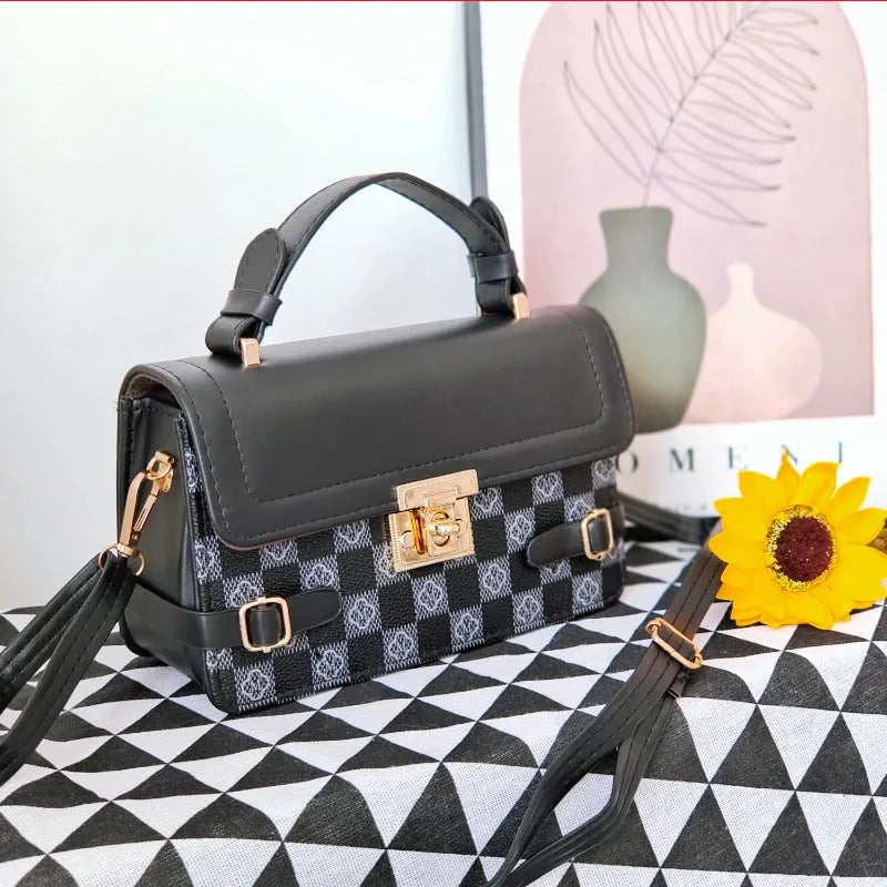 Retro ethnic pattern square crossbody bag in PU shown in apricot colour, featuring floral and plaid details.