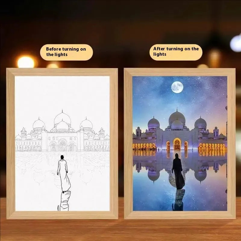 Modern rectangle LED light painting frame with illuminated artwork on man-made board.