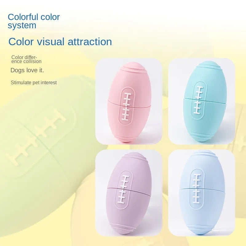 Silicone rugby ball dog chew toy with treat dispenser in four colour variations