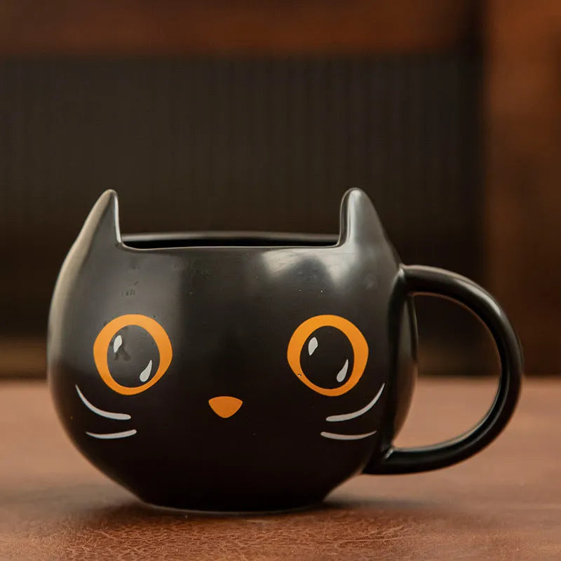 Black ceramic cat shape mug with pumpkin spoon couple decoration and 355ml capacity
