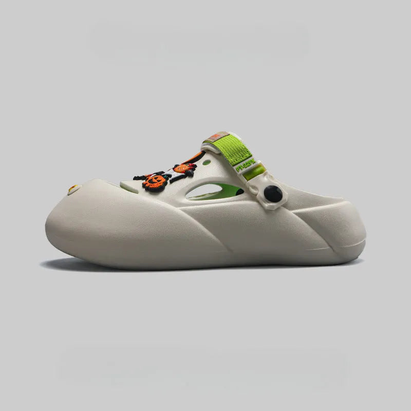 Men's grey EVA sole beach hole shoes on a sandy background