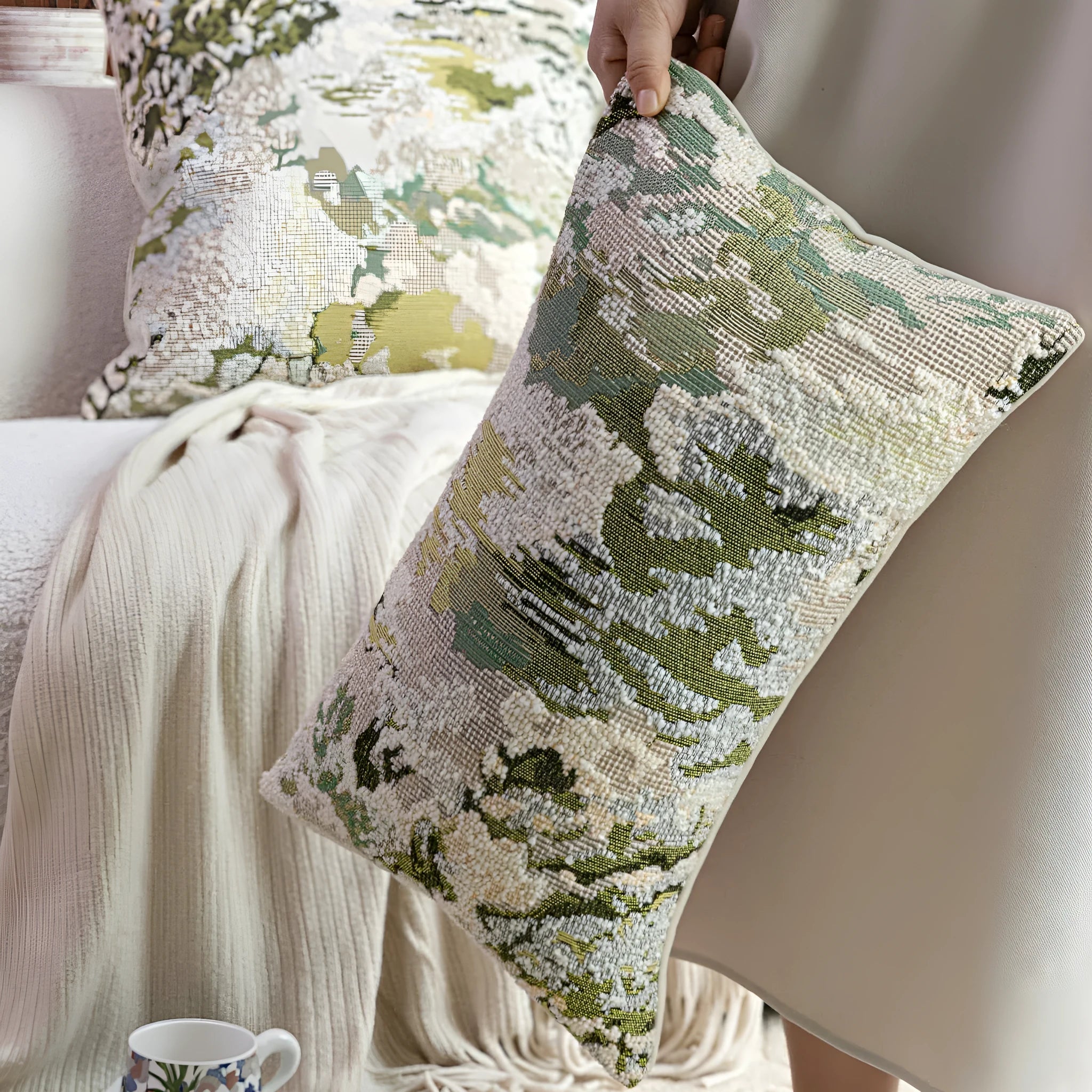 Antique green wool blend cushion with abstract spring flower botanical pattern.
