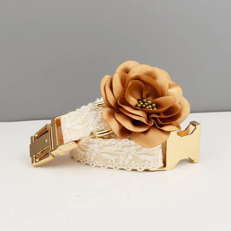 Leaves and lace pattern dog wedding collar and leash set with vest and floral accessories on a white background.