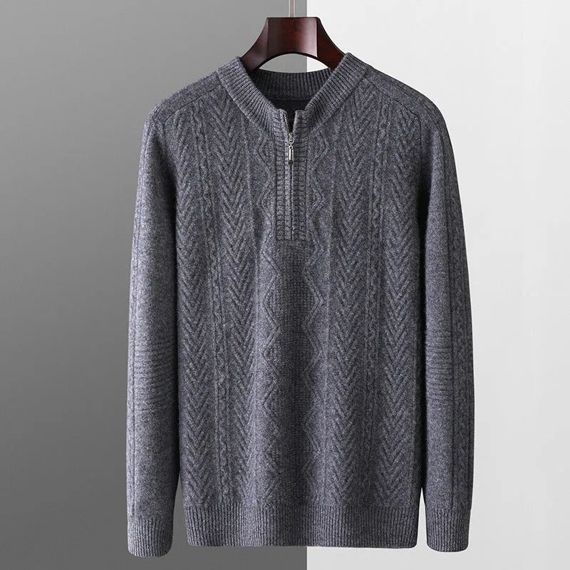 Men's loose fit wool sweater with diamond pattern and half-zip front in light camel colour
