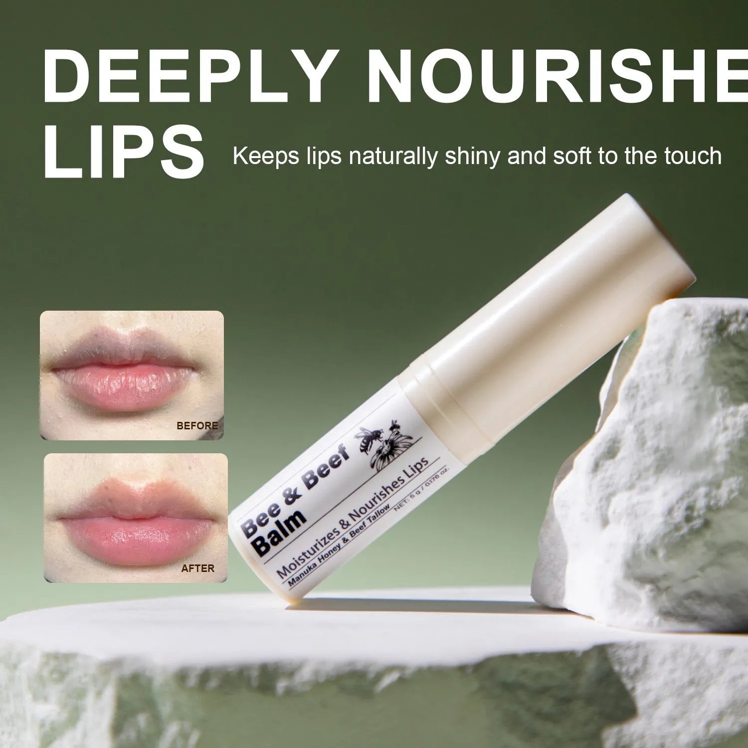 Beef fat and organic grass-fed butter lip balm in a 5g white tube with 83mm length.
