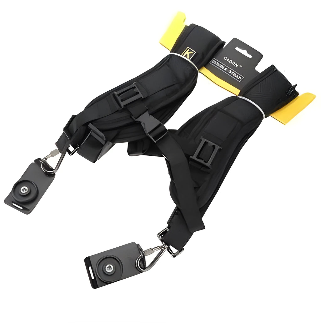 Black professional dual shoulder strap for two SLR cameras, showing nylon fabric and padded shoulders.