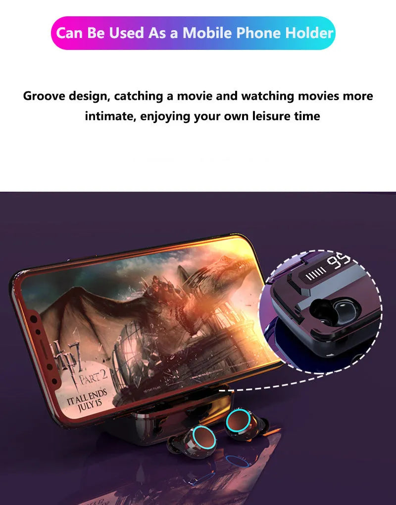 Black M11 Bluetooth wireless headset with digital display and integrated mobile phone holder.