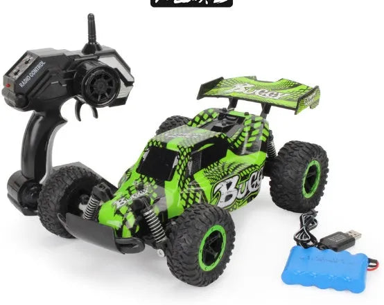 Blue 1:18 scale remote control drift car with 2.4GHz transmitter on black surface