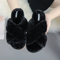 Cross open-toe fur slippers in multiple colours showing the personalised toe design and non-slip patterned sole.
