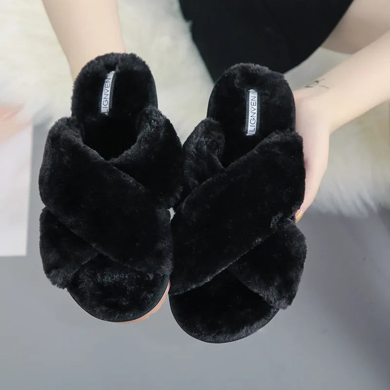 Cross open-toe fur slippers in multiple colours showing the personalised toe design and non-slip patterned sole.