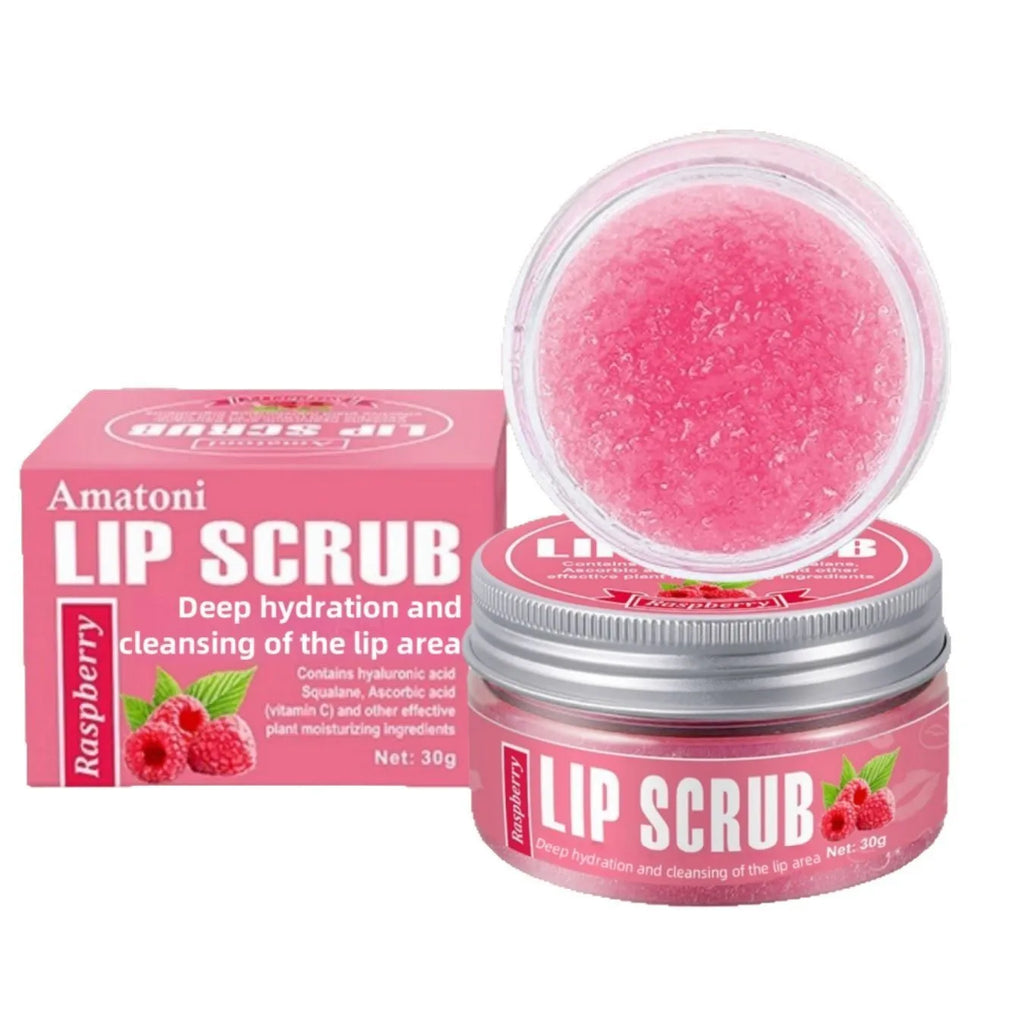 Amatoni lip scrub cream pot in coconut, raspberry, vanilla, or watermelon flavour, 30g size.