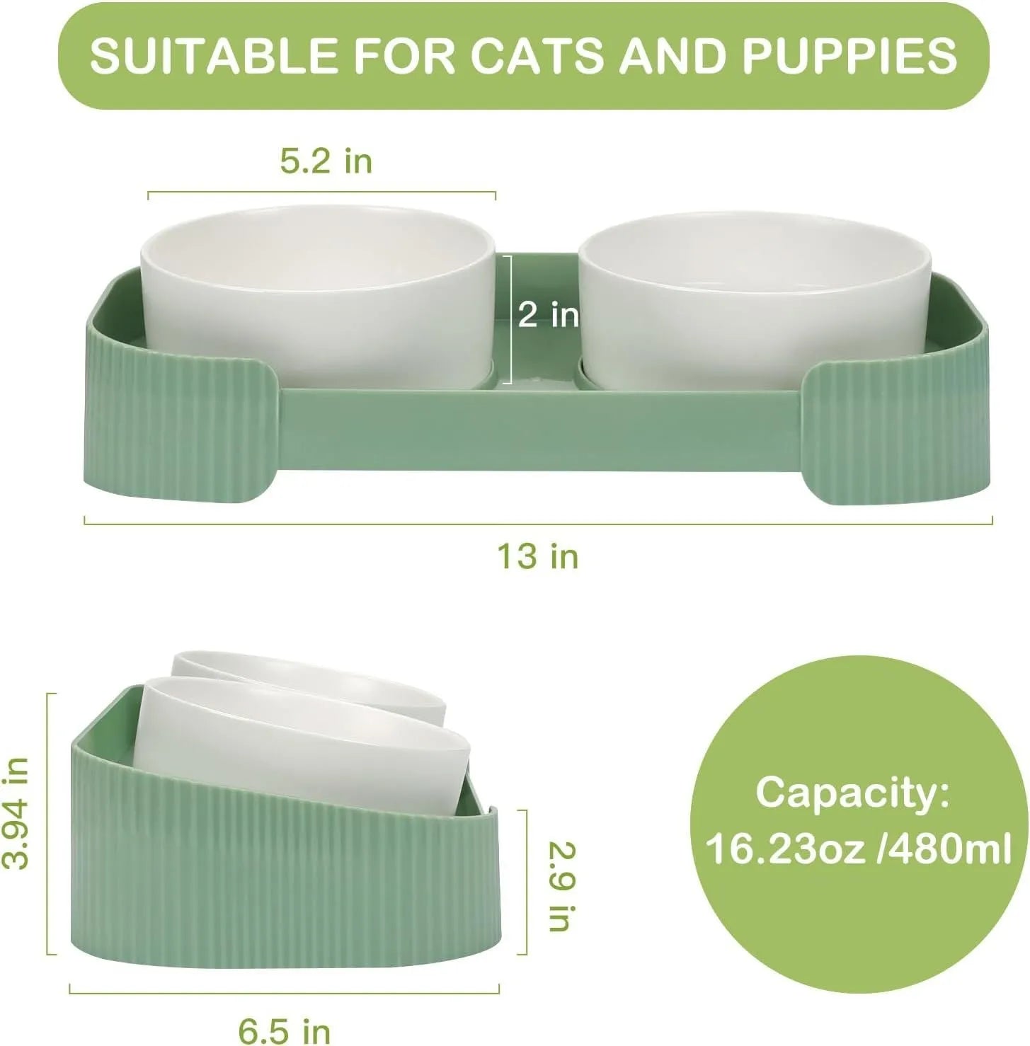 Green elevated ceramic cat bowl set with two bowls on a tilted stand, showing non-slip base.