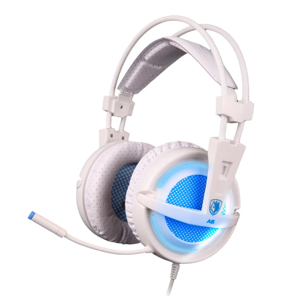 Black and white USB gaming headset with LED lights and large ear cups