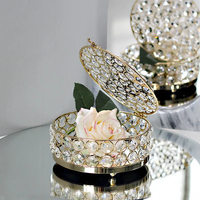 European-style French gold iron jewellery storage box with a transparent crystal glass lid.