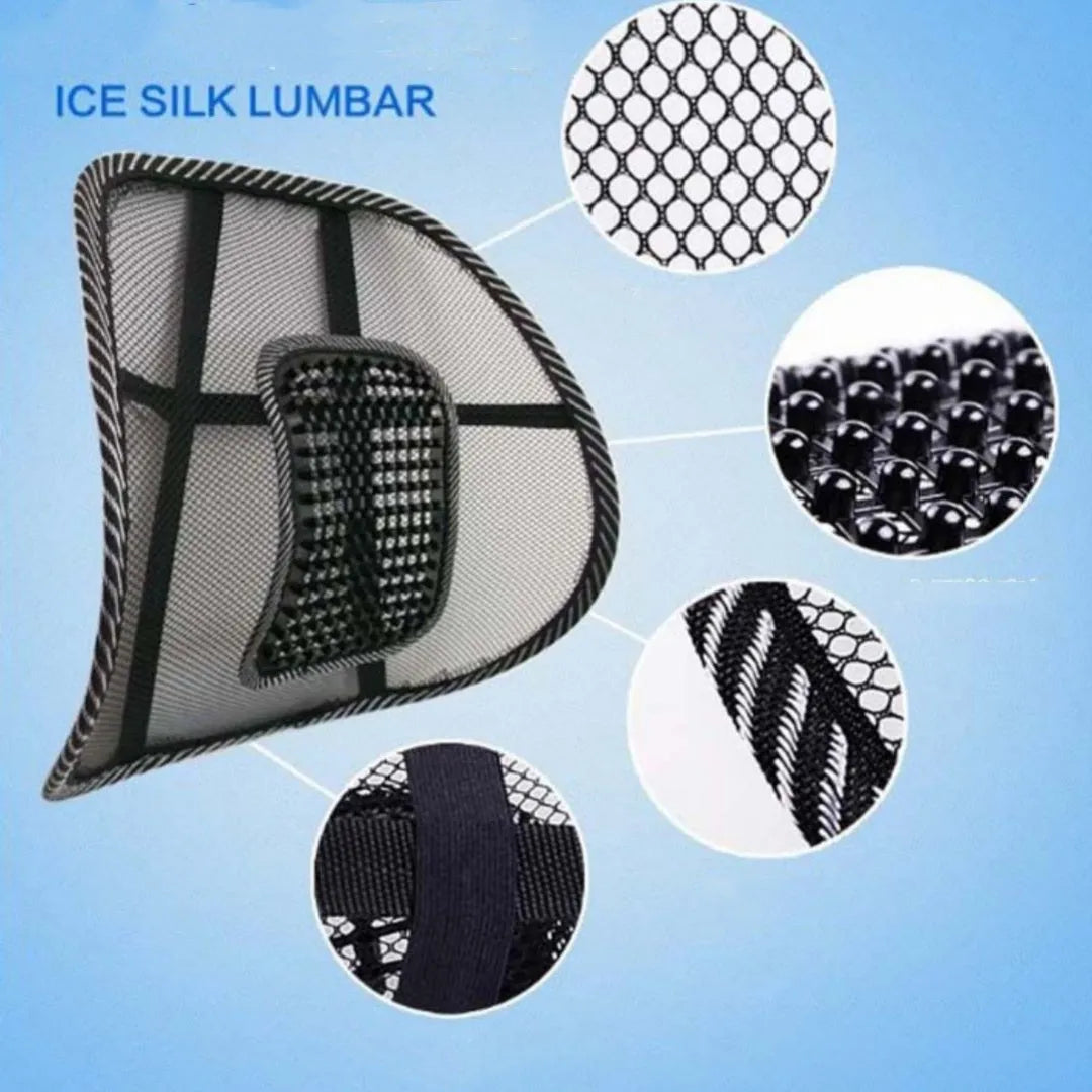 Black leather-look car lumbar support pillow with mesh panel and adjustable straps