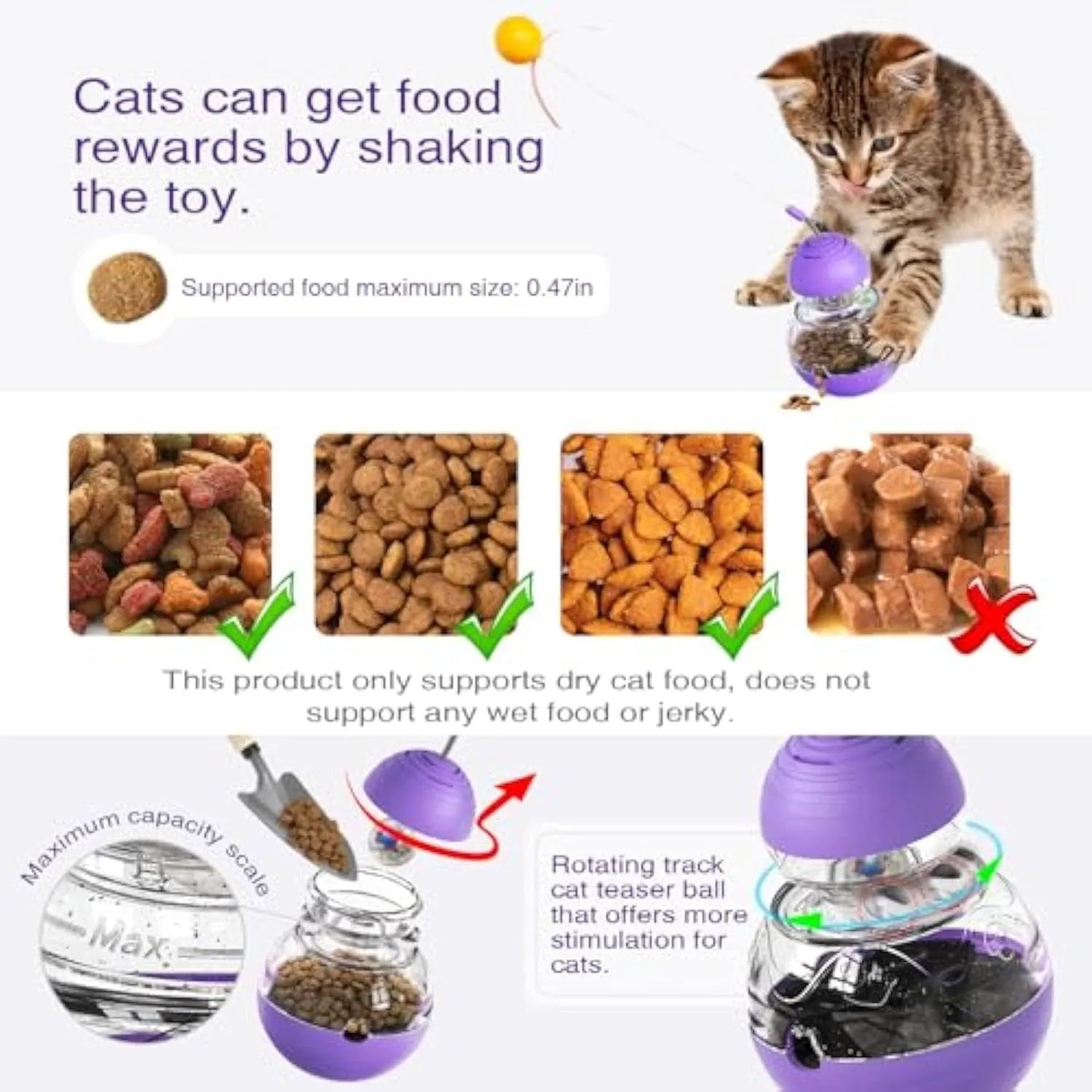 Yellow cat toy wand with bouncing teaser stick, plastic ball, ribbon, and slow feeder compartment