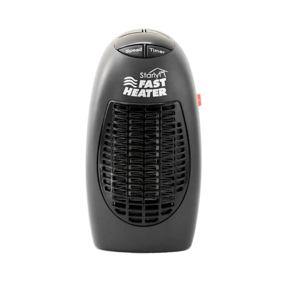 Compact black portable electric heater with digital display and a rotating plug.
