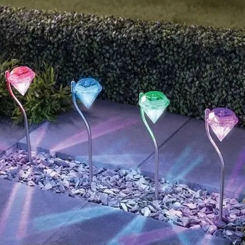 Solar powered diamond-shaped garden spotlight with adjustable angle and IP55 waterproof rating