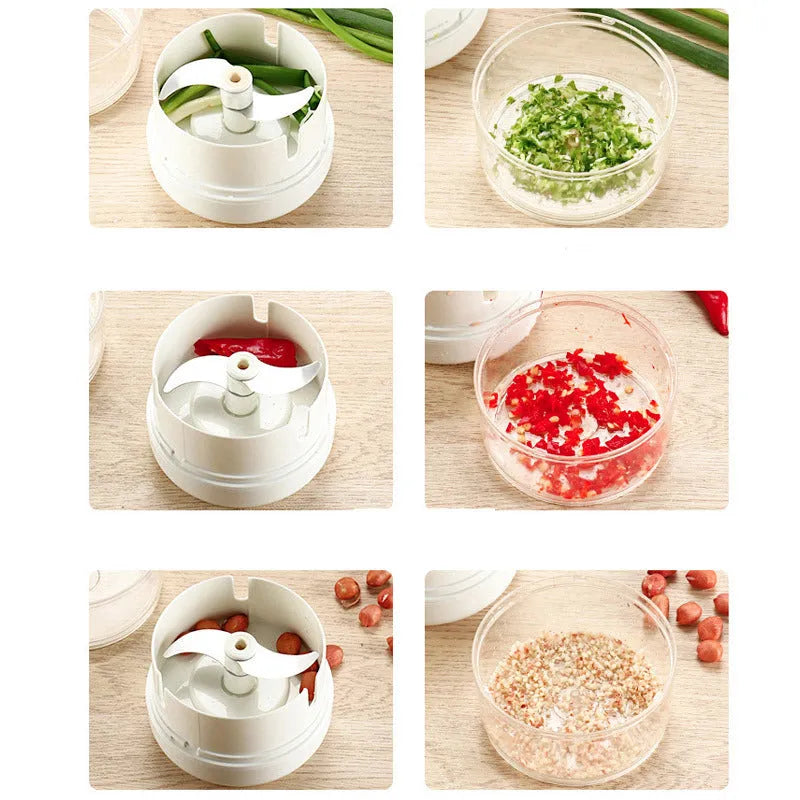 Compact manual food chopper with plastic housing and stainless steel blades for vegetable preparation