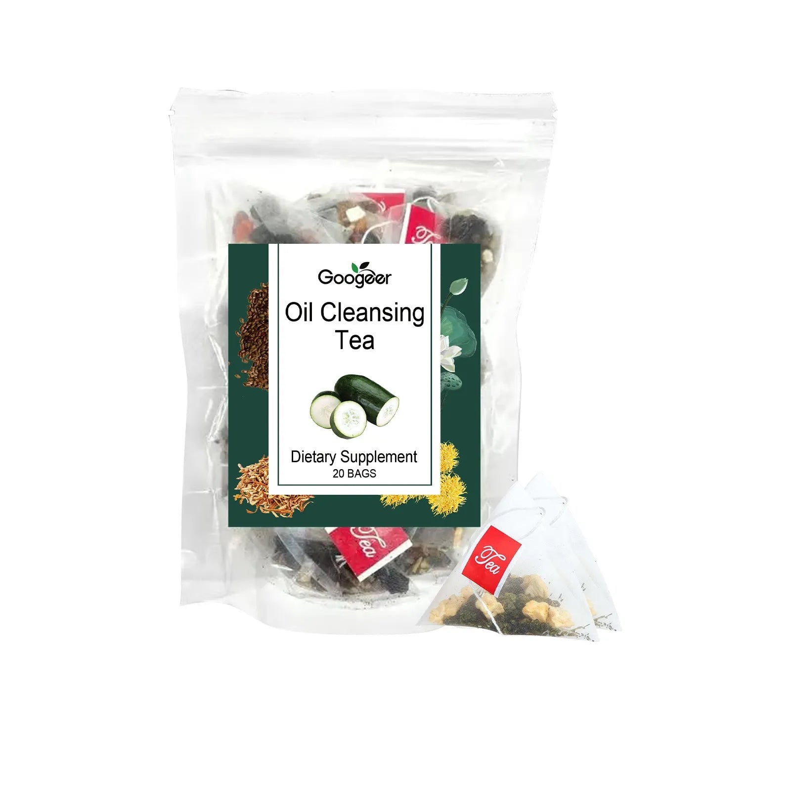 Googeer oil cleansing herbal tea box with 20 tea bags containing six traditional herbs
