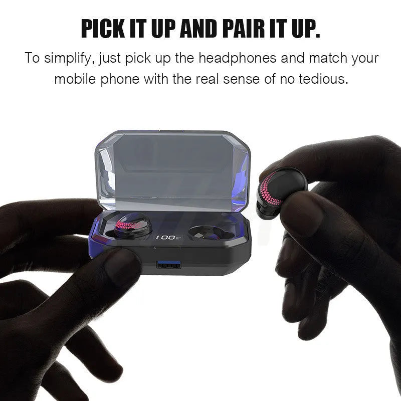 Black Bluetooth headset with earbuds and charging case showing 6mm speakers
