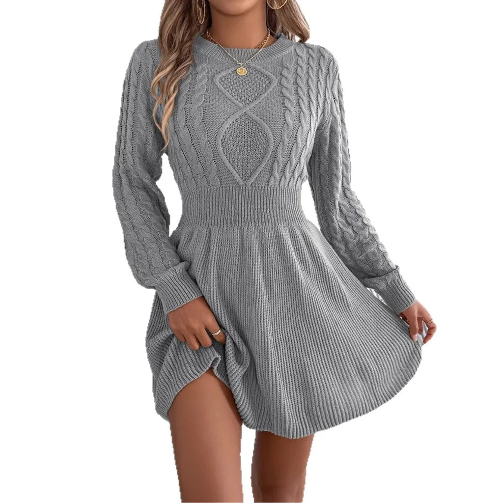 Black lantern sleeve sweater dress with elastic waist and mid-length skirt