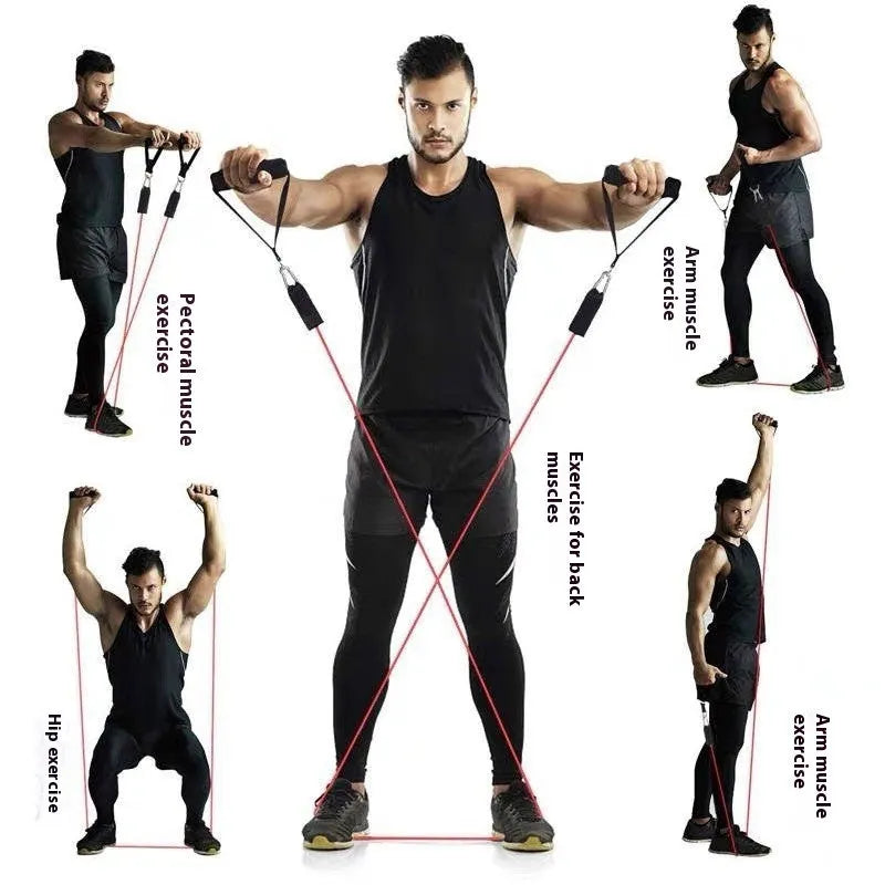Multi-functional door sports 11-piece combination pulling rope set with ABS construction on a doorframe.
